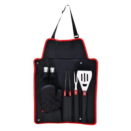 Cheqo® Premium BBQ Gereedschap Set - BBQ Schort - Barbecue Accessoires - 7-Delig - Roestvrijstaal - Inclusief Spatel, Vork, Vleestang & Meer - BBQ Tang