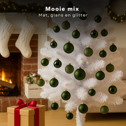 Cheqo® Donkergroene Glazen Kerstballen - Kerstboomversiering Donkergroen - Glans En Mat - Glazen Kerstballen Set - Glitter Kerstballen - Kerstballen Set - Kerstbal Set Van 42 Stuks