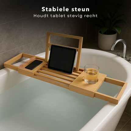 Cheqo® Luxe Verstelbare Badplank Bamboe – Uitschuifbaar Badrek – Badplank met Boekensteun, Tablethouder, Wijnglashouder & Bekerhouder – Waterbestendig Badkuiprekje – Compacte Opberging – Badaccessoires Hout