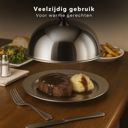 Cheqo® RVS Stolp - Serveerschaal Met Deksel - Voedsel Presenteren - Taartstolp - Kaas Stolp - Gebak Stolp - Snacks Presenteren - Glanzend RVS - Diameter 24.5 Cm - Stolp Met Dienblad