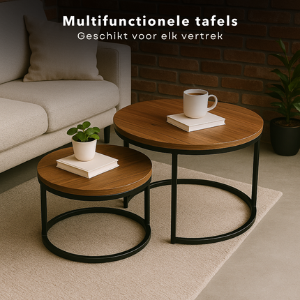 Cheqo® Industriële Bijzettafels Set van 2 - Koffietafel - Bijzet Tafel Set - Tafelset - Salontafel Set - Modern Design - MDF Tafelblad - Metaal Frame