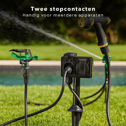 Cheqo® Tuinstekkerdoos Met Timer - 2 Stopcontacten - Zwart - Buitenstopcontact - Timerfunctie - Outdoor Gebruik - Elektrische Aansluiting - Tuinaccessoires - Ideaal voor Kerst