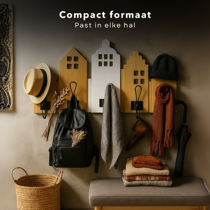Cheqo® Kapstok Met Huisjes - Wandkapstok - Kapstok Met Haken - Decoratieve Kapstok - Huisjes Design - Kapstok Voor Hal - Kapstok Voor Kinderkamer - Moderne Kapstok - Compacte Kapstok - Jas Ophangen - Garderobe