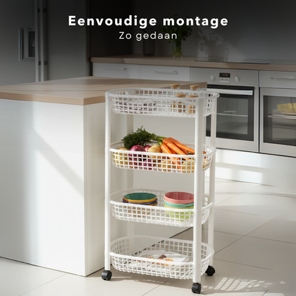 Cheqo® Keukentrolley Op Wieltjes - 4 Lagen Manden - Wit Kunststof - Opbergtrolley Keuken of Badkamer - Ruimtebesparend Ontwerp - Keuken Organizer - Multifunctionele Trolley - Smalle Rolwagen - 4 Wieltjes