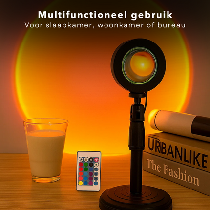 Cheqo® Sunset Lamp - 16 Kleuren - LED Projectorlamp - Afstandsbediening - Sfeerverlichting - RGB Lamp - Dimbare LED - USB-A Aansluiting - Verstelbare Hoogte - Tafellamp - Nachtlamp - Decoratief Sfeerlicht - Zonsondergang Projectie