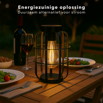 Cheqo® Solar Tafellamp Buiten – Draagbare Lantaarn op Zonne-energie – LED Warm Wit Licht – IP44 Spatwaterdicht – Tuinverlichting – Terras & Balkon Verlichting – Metalen Behuizing – Zonder Bedrading – Oplaadbare Batterij