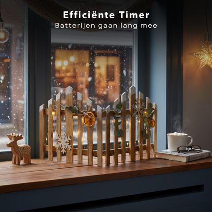 Cheqo® Kersthek Met LED Kerstverlichting - Houten Kersthek - Warm Wit LED - Automatische Timer - Kerstdecoratie Hek - LED Kerstverlichting - Kerstversiering Hout - Batterij - Decoratief Hek