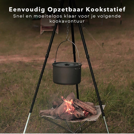 Cheqo® Driepoot Standaard - Stabiel Buiten Koken - 150cm - In Hoogte Verstelbaar - Camping - BBQ Statief - Tripod - Extra Sterk - Grondstekers - Metaal - Kookstatief Driepoot Barbecues