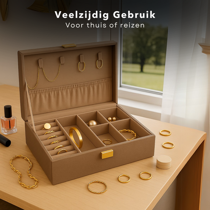 Cheqo® Sieradendoos Kunstleer - Bijouteriedoos - Sieradenkoffer - Juwelendoos - Sieraden Organizer - Taupe - Sieraden Doos - Sieradendoosje Met Kettinghaakjes en Ringklemmen