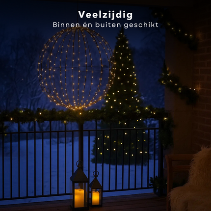 Cheqo® LED Kerstbal - Kerstverlichting Voor Buiten - Warm Witte LED-Lampjes - Verlichte Bal - Timerfunctie - Buitengebruik - Kerst Tuinverlichting - Hangende LED Bollen - Zwarte Metalen Frame - Kerstfiguur - Kerstdecoratie
