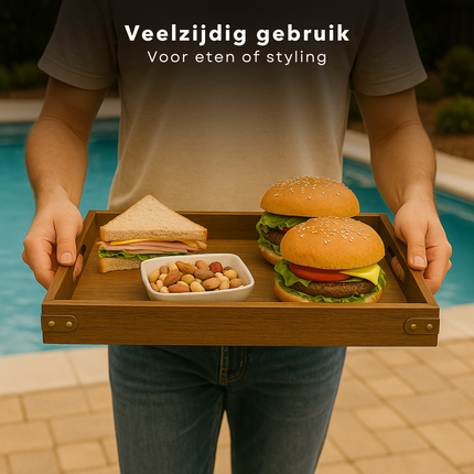 Cheqo® Houten Dienblad - Ontbijt op Bed - Paulowniahout Dienblad - Duurzaam Hout - Lichtgewicht Dienblad - Rechthoekig Dienblad - Dienblad Met Handgrepen - Serveerblad Hout - Duurzaam Materiaal - Vergelijkbaar Met Eiken