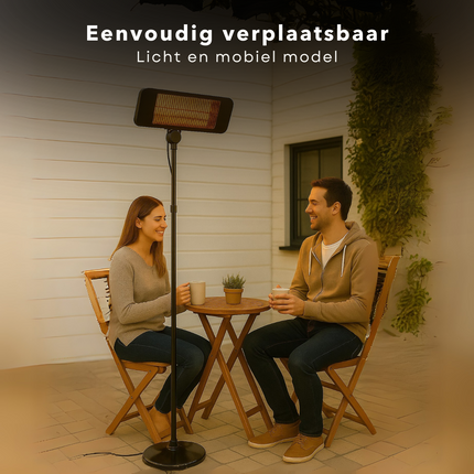 Cheqo® Terrasverwarmer Infrarood - Verstelbare Staande Heater - Elektrisch - Spatwaterdicht IP24 - Infrarood Verwarming Staand
