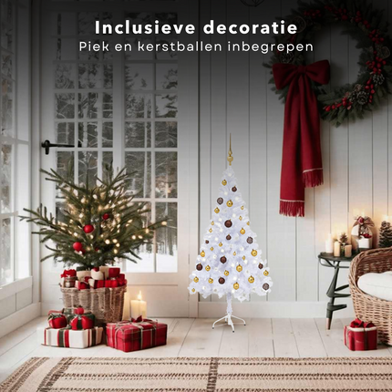 Cheqo® Kerstboom - Kunstkerstboom Wit - 120 cm - Inclusief LED-Verlichting en Kerstballen - PVC Materiaal