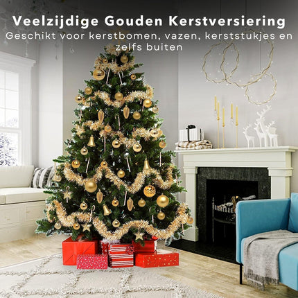 Cheqo® Luxe Gouden Kerstballen Set - Met Piek - 101 stuks - Kunststof - Kerstboomversiering - Kerstversiering - Onbreekbaar - Verschillende Formaten & Designs - Kerstboom - Kerstballenset - Kerstdecoratie - Kerst - Christmas Kerstballen