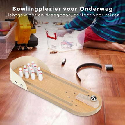 Cheqo® Mini Bowling Set - Reisspel - Hout - 10 Kegels - Voor het hele Gezin - 29.7 x 10 x 4.5 cm - Compact en Draagbaar - Kinderspeelgoed - Cadeau voor Kinderen - Kegelspel - Bowlen Kegelen