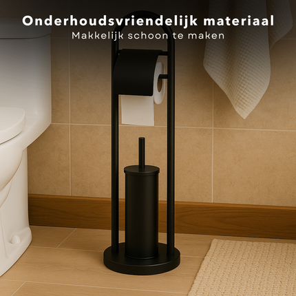 Cheqo® Vrijstaande Toiletbutler - Vrijstaand Toilet Butler - Zwart RVS - Touletborstel met Houder - WC Rol Houder - Rolhouder - Moderne Toiletaccessoires - 80 cm Hoog - Stijlvol en Duurzaam