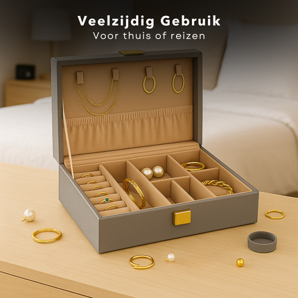 Cheqo® Sieradendoos Kunstleer - Bijouteriedoos - Sieradenkoffer - Juwelendoos - Sieraden Organizer - Grijs - Sieraden Doos - Sieradendoosje Met Kettinghaakjes en Ringklemmen
