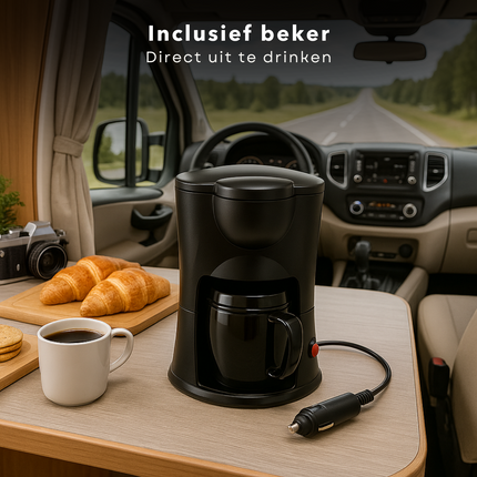Cheqo® Koffiezetapparaat voor Auto 12V - Draagbare Koffiemachine met Autostekker – Reiskoffiezetapparaat voor Kamperen, Caravan & Vakantie – Compacte Elektrische Koffiezetter – Koffie Onderweg – Espressomachine 12V
