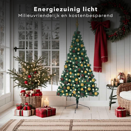 Cheqo® Kerstboom - Kunstkerstboom met Verlichting - Halve Boom 210 cm - PVC Groen - Ruimtebesparend