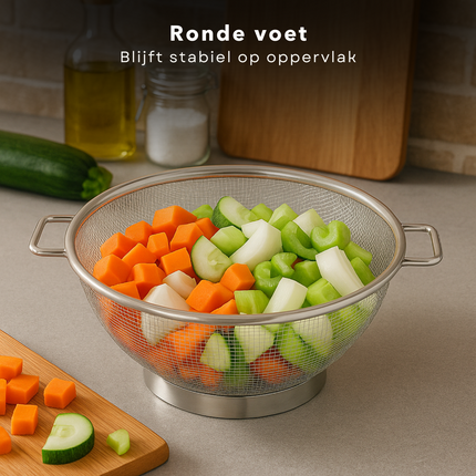 Cheqo® Roestvrij Staal Zeef - RVS Vergiet - Fijne Meshstructuur - Groenten Afgieten - Pasta Spoelen - Fruit Wassen - Compacte Zeef - Functioneel Vergiet - Kleine Vergiet - Zilveren Zeef - Ronde Zeef - Zeef Met Handgrepen - Stabiel Op Aanrecht