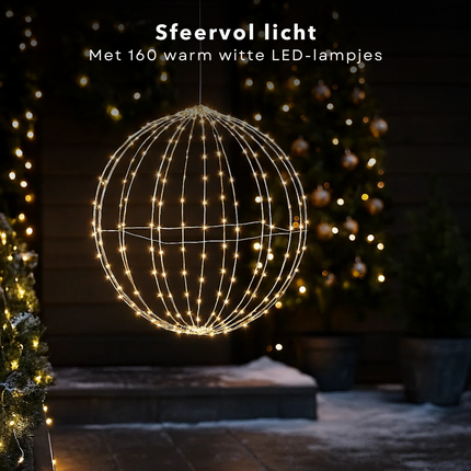 Cheqo® Kerstverlichting Buiten - Decoratieve Bal - Warm Witte LED - Spatwaterdicht - Tuinverlichting - Kerstdecoratie - Zilveren Frame - LED Lampjes - Timer Functie - 50 CM Diameter - Hangende Verlichting - IP44 - Kerst Decoratie