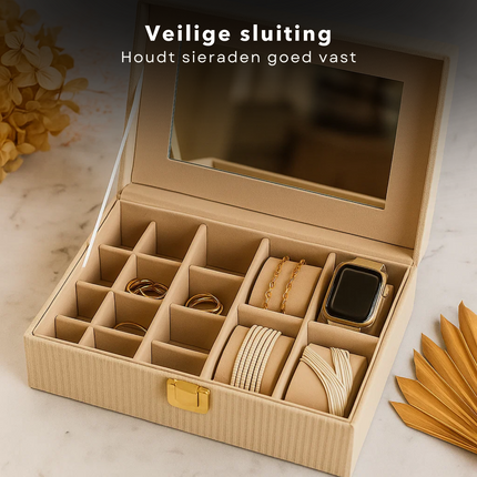Cheqo® Juwelenbox Ribfluweel - Sieraden Opberger - Sieradendoos - Fluwelen Bekleding - Goudkleurig Slotje - Spiegel Aan De Binnenzijde - Beige Of Taupe - MDF Met Fluweel