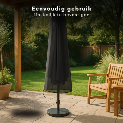 Cheqo® Parasol Beschermhoes UV-Bestendig - Zwart Polyester - Parasolhoes Voor Staande Parasol - Waterafstotend - Parasolhoes Met Trekkoord - Parasolhoes Voor 3 Meter Parasol - Parasol Hoes - Beschermhoes Parasol - Afdekhoes