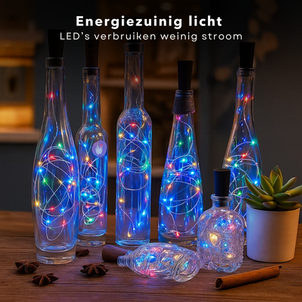 Cheqo® LED Kurk Flessenverlichting - Multicolor LED Lampjes - Lichtsnoer Op Batterijen - Decoratieve Flesverlichting - IP44 - Kurk Met Lichtsnoer - Sfeerverlichting Voor Flessen - Feestverlichting LED - 8 LED Lampjes