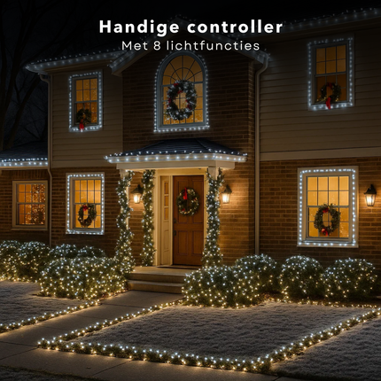 Cheqo® Kerstverlichting - Kerstlampjes - Kerstboomverlichting Wit - 384 LED Lampjes - Koel Wit Licht - Binnen en Buiten - IP44 Adapter - Automatische Timer - 8 Lichtfuncties - Geheugenfunctie - Zwart Snoer - Witte Kerstlampjes