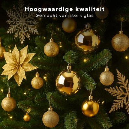 Cheqo® Kerstballen Set - Gouden Kerstballen - Kerstboom Decoratie - Glazen Kerstballen - Feestelijke Uitstraling - Chique Kerstversiering - Matte Kerstballen - Glimmende Kerstballen - Glitter Kerstballen - Kerstballen Goud