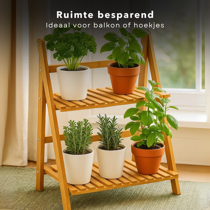 Cheqo® Bamboe Plantenrek - Plantenstandaard Bamboe - 2-Laags Plantenrek - Bamboe Materiaal - Plantenrek Binnen - Compacte Afmetingen - Lichtgewicht Ontwerp - Natuurlijke Uitstraling - Decoratief Plantenrek - Gelakt Bamboe