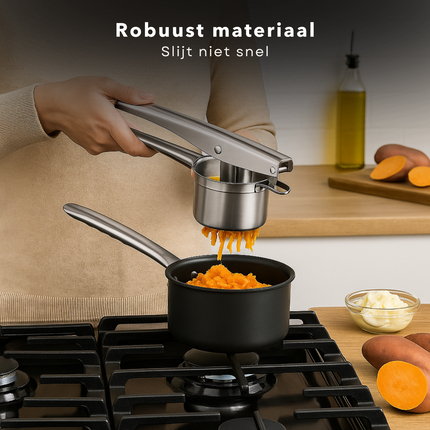 Cheqo® Aardappelpers RVS - Pureestamper - Aardappelpuree Maken - Met 3 Schijven - Eenvoudig Te Reinigen - Geschikt Voor Groenten En Fruit - 304 stainless steel - Hefboomwerking - Grof, Middel, Fijn Schijven - Multifunctionele Pers