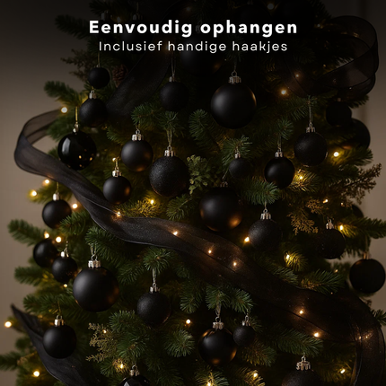 Cheqo® Kerstballen Set - 42 Stuks - Zwarte Kerstballen - Glazen Kerstballen - Moderne Kerstdecoratie - Matte Kerstballen - Glimmende Kerstballen - Glitter Kerstballen - Kerstboom Decoratie - Kerstballen Zwart