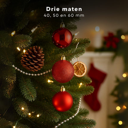 Cheqo® Rode Kerstballen Set - 70 Stuks - Kunststof Kerstballen - Kerstbal Opbergbox - Rood Kerstdecoratie - Mat Glanzend Glitter - Verschillende Uitvoeringen - Met Kerstbal Opbergbox - Opbergdoos - Afsluitbaar Deksel