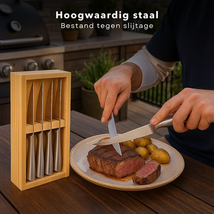 Cheqo® Steakmessen Set - Roestvrij Staal - Vaatwasserbestendig - Houten Bewaardoos - Scherpe Messen - Licht Gekarteld - 4-Delige Set - Cadeau Voor Vleesliefhebber - Keukenmessen - Steakmes 22,5 cm - RVS Steakmessen - Hersluitbare Doos