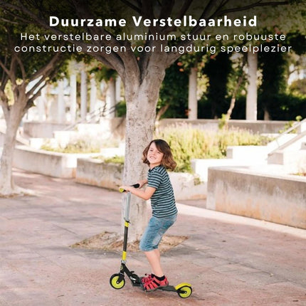 Cheqo® Kinderstep Zwart / Lime - Verstelbare Hoogte - Met Voetrem - PP Wielen - Aluminium Stuur - Draagvermogen van 50 KG - Step - Jongens/Meisjes - Veilig en Stabiel - Cadeau Voor Kinderen - Speelgoed - Verhoogd Coördinatie & Balans - Opvouwbaar Kinderstepjes