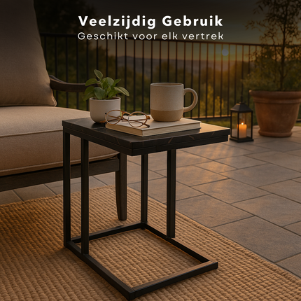 Cheqo® Bijzettafel - Bedtafel - Laptoptafel - Banktafel - Bijzettafeltje - Salontafel - Bijzet Tafel - Metaal - Marmeren MDF Tafelblad - Kleine Moderne Tafel - Zwart