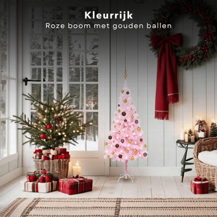 Cheqo® Roze Kerstboom - Kunstkerstboom 120 cm - Met LED Verlichting en Gouden Kerstballen - PVC