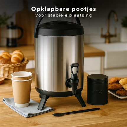 Cheqo® Thermos Drankdispenser - 10 Liter Inhoud - RVS Materiaal - Dubbelwandig Isolerend - Warme En Koude Dranken - Tapkraan - Opklapbare Pootjes - 40 cm Hoogte - 22 cm Diameter - Thermoskan - Drank Serveren