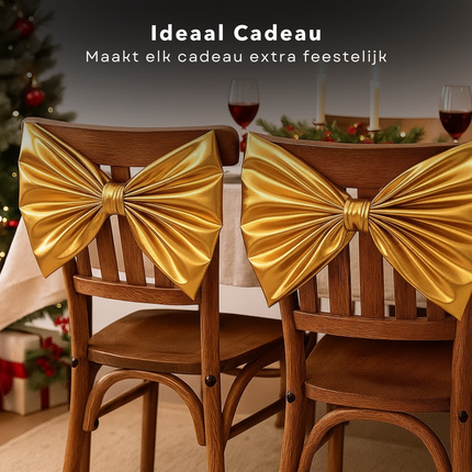 Cheqo® Kerst Stoelstrik - Stoelstrik Goud - Set Van 2 - Stoeldecoratie Kerst - Gouden Strik - Kerstdecoratie Stoel - Feestelijke Stoelstrik - Kerstversiering Stoel - Decoratieve Strik - Stoelstrik Set - Kerst Strik