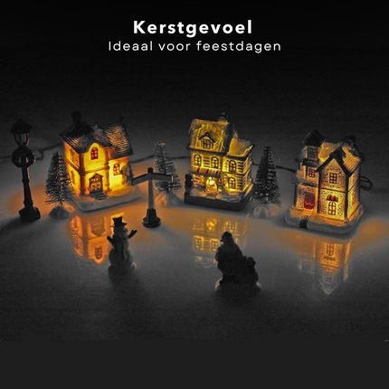 Cheqo® Kerstdorp Set - Kersttafereel - Verlichte Kersthuisjes - Kerst Decoratie - 10-Delig - Werkt op Batterijen