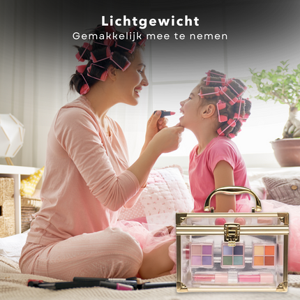 Cheqo® Kindermake-up Koffer - Goud/Transparant - Complete Set met Nagellak en Oogschaduw - Beauty Case met Vakken - Visagiekoffer - Cosmeticakoffer - Beautycase