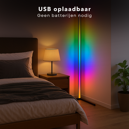 Cheqo® LED Hoeklamp RGB en Wit Licht – Staande Lamp met Muziek Sensor – Dimbaar Licht met Afstandsbediening – USB-C Oplader – 15W – 360 Lumen – Gaming Lamp – Sfeerverlichting Woonkamer – Slimme Verlichting – Disco Lamp – Thuis Bioscoop