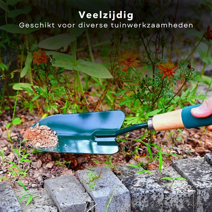 Cheqo® 3-Delige Tuingereedschap Set - Tuinhark - Spitvork - Schepje - Tuinieren Set - Tuinier Set met Korte Steel - Tuinierset - Antikleef Coating - Houten Handvat