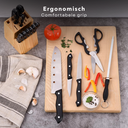 Cheqo® 15-delige Keukenmessen Set in Houten Messenblok - Messenset met Schilmes - Chefmes - Steakmessen - Messenset met Blok