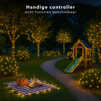 Cheqo® Kerstverlichting - Kerstlampjes - Kerstboomverlichting - 384 LED - Extra Warm Wit - Warm Witte Verlichting - Verlichte Lengte 490 CM - 8 Lichtfuncties - Automatische Timer - Binnen en Buiten - IP44 Adapter - Romantische Verlichting