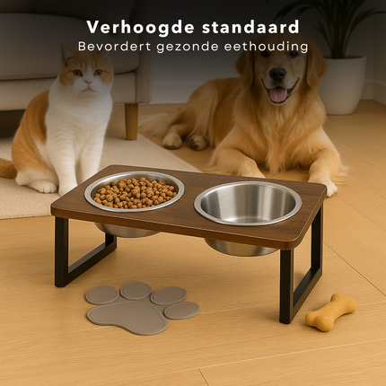 Cheqo® Verhoogde Hondenvoerbak - Voerbakken - Dinerset Hond - Dubbele Voerbak met Standaard - Drinkbak Hond - Waterbak - RVS - Anti-slip Standaard
