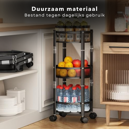 Cheqo® Keukentrolley op Wieltjes - Serveerwagen - Keukenrek - Keuken Trolley - Keukenorganizer - Zwart - Verrijdbaar 3-Laags Opbergrek - Staal - Opvouwbaar