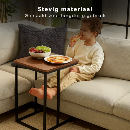 Cheqo® Bijzettafel Metaal En Hout - Banktafeltje - Zwart Metalen Frame - Bruin MDF Tafelblad - Makkelijk Aan De Bank Te Schuiven - Tafeltje - Industrieel Design - Bijzettafel Zwart En Bruin - Bijzettafel Woonkamer - Bijzettafel Modern