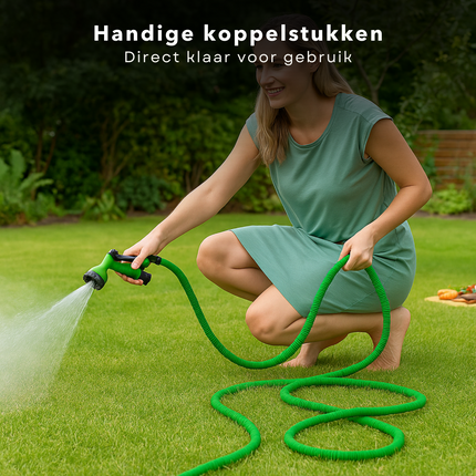 Cheqo® Flexibele Tuinslang Set 10-20M – Elastische Uitrekbare Slang – Lichtgewicht Kunststof – Sproeikop met 7 Standen – Koppelstuk Meegeleverd – Tuinbewatering – Ruimtebesparend Ontwerp – Tuin Onderhoud